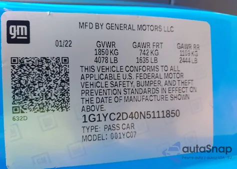 2022 Chevrolet Corvette Stingray Rwd 1Lt из США, поврежденный, VIN 1G1YA2D43N5111850